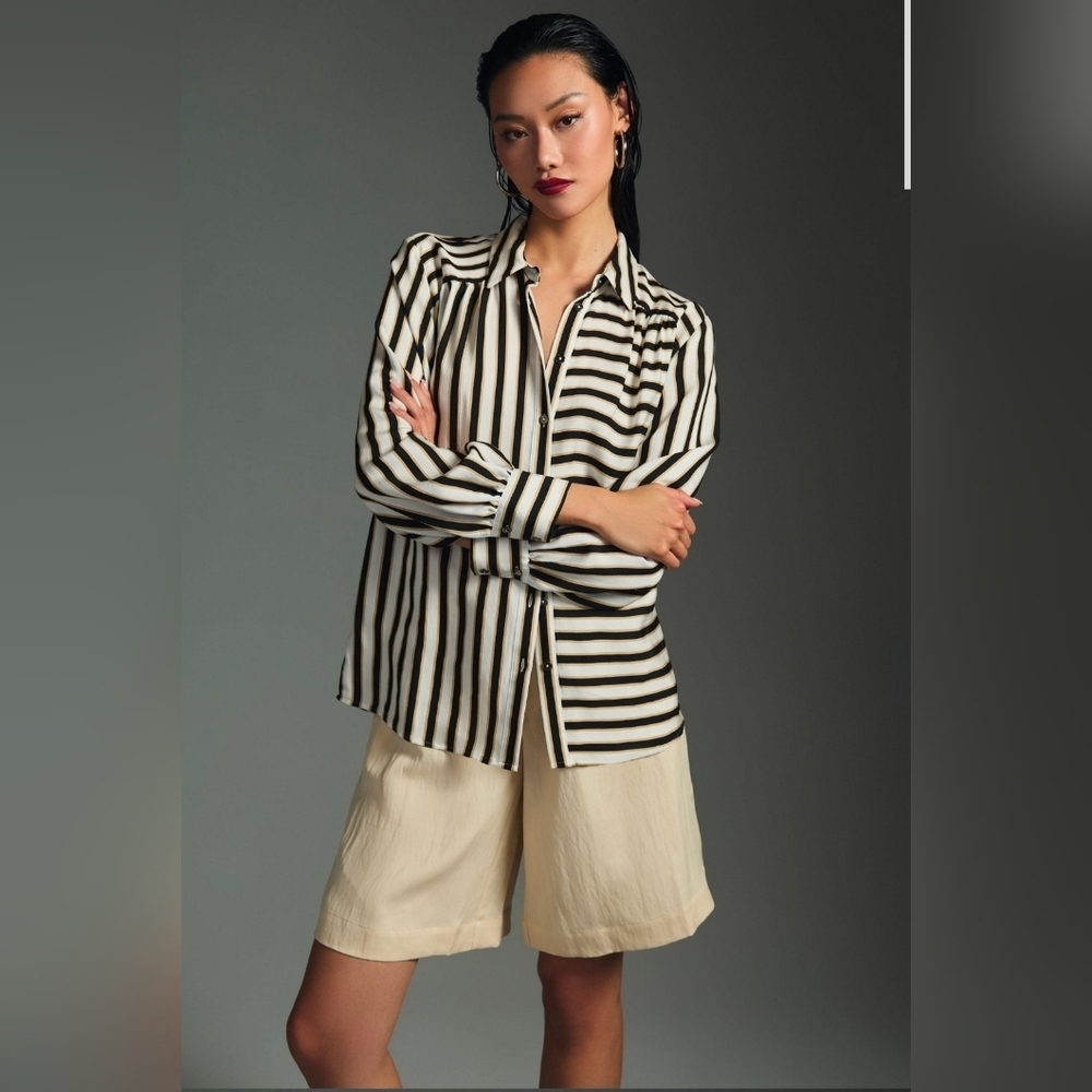 Maeve by Anthropologie Silky Funky Retro Striped Buttondown Blouse